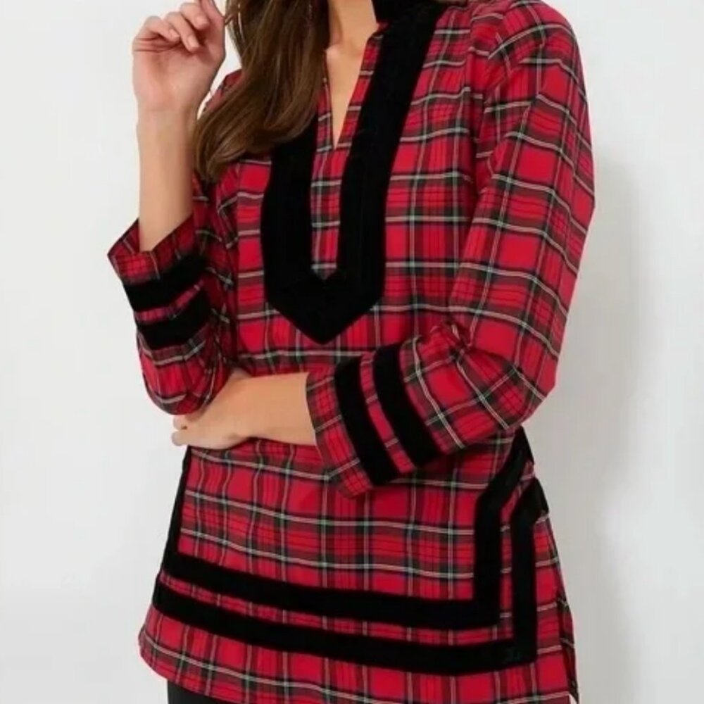 Tuckernuck NWT Sail To Sable Red Tartan Plaid Black Velvet Trim Tunic Top Large